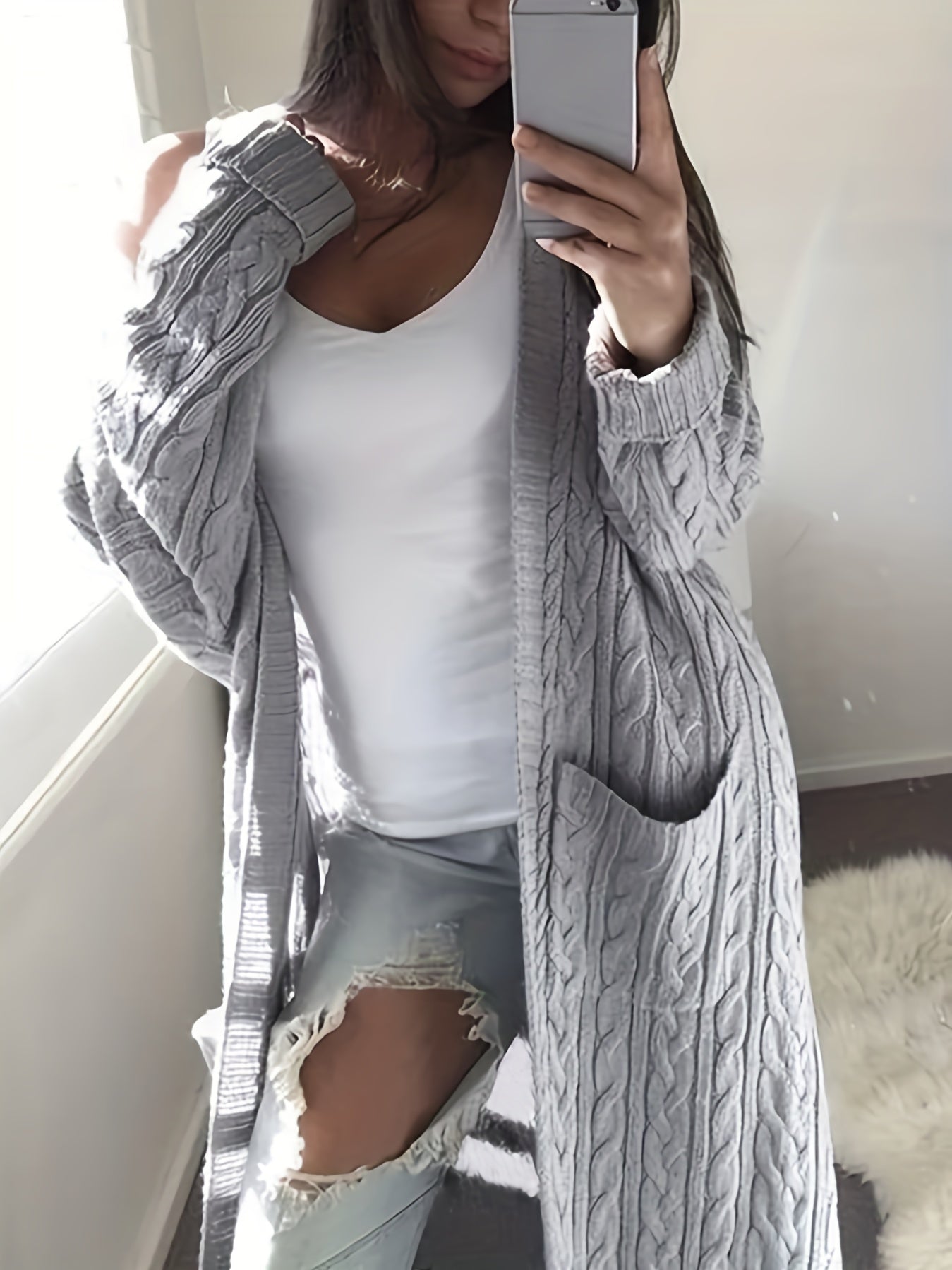  Solid Ribbed Long Sleeve Open Front Cardigan With Pockets