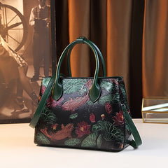 Hand Painted Koi Fish & Lotus Tote Bag - Large Capacity