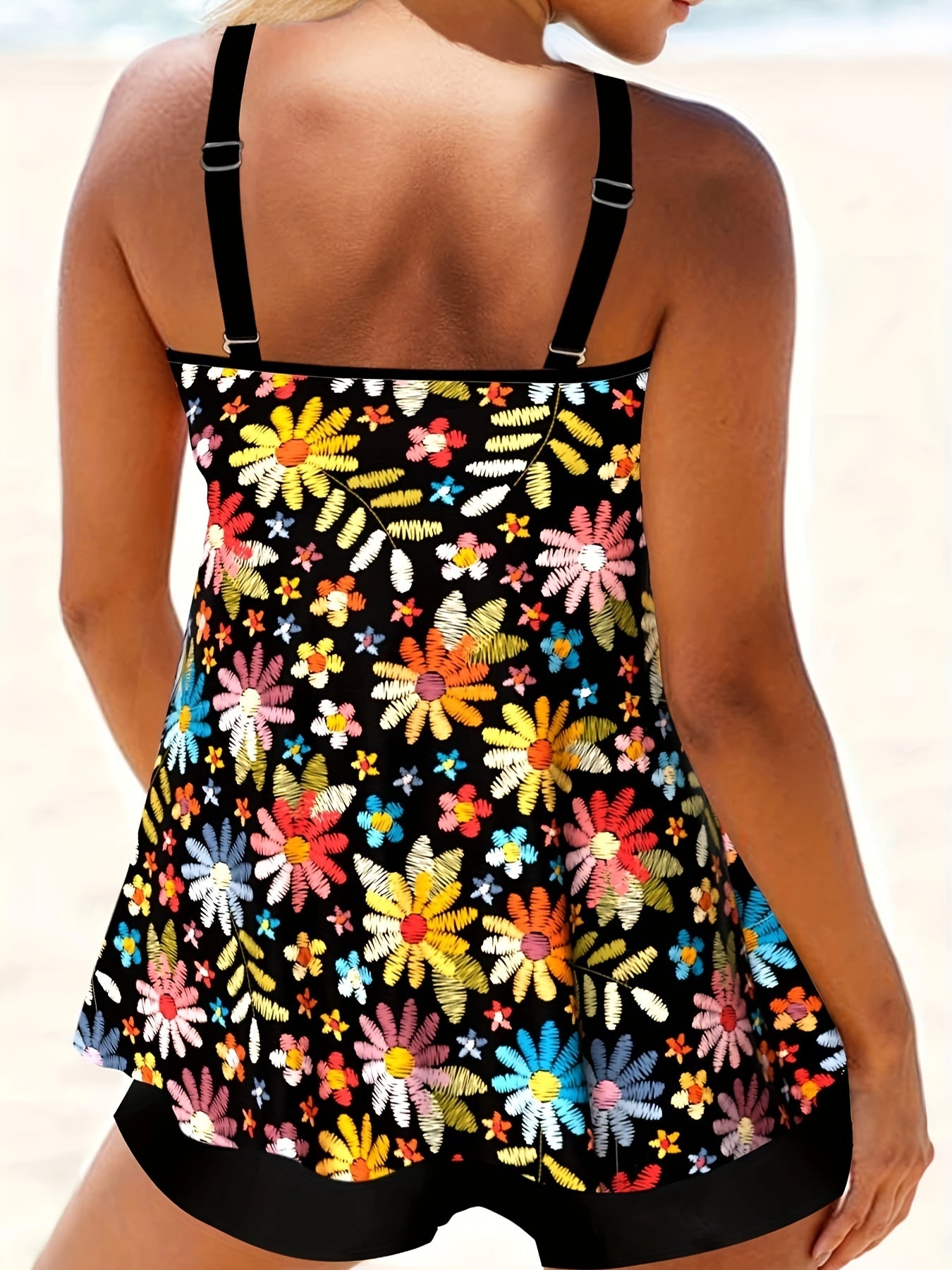  Floral Tankini Set Women's Round Neck Cami Top & Shorts Swimsuit