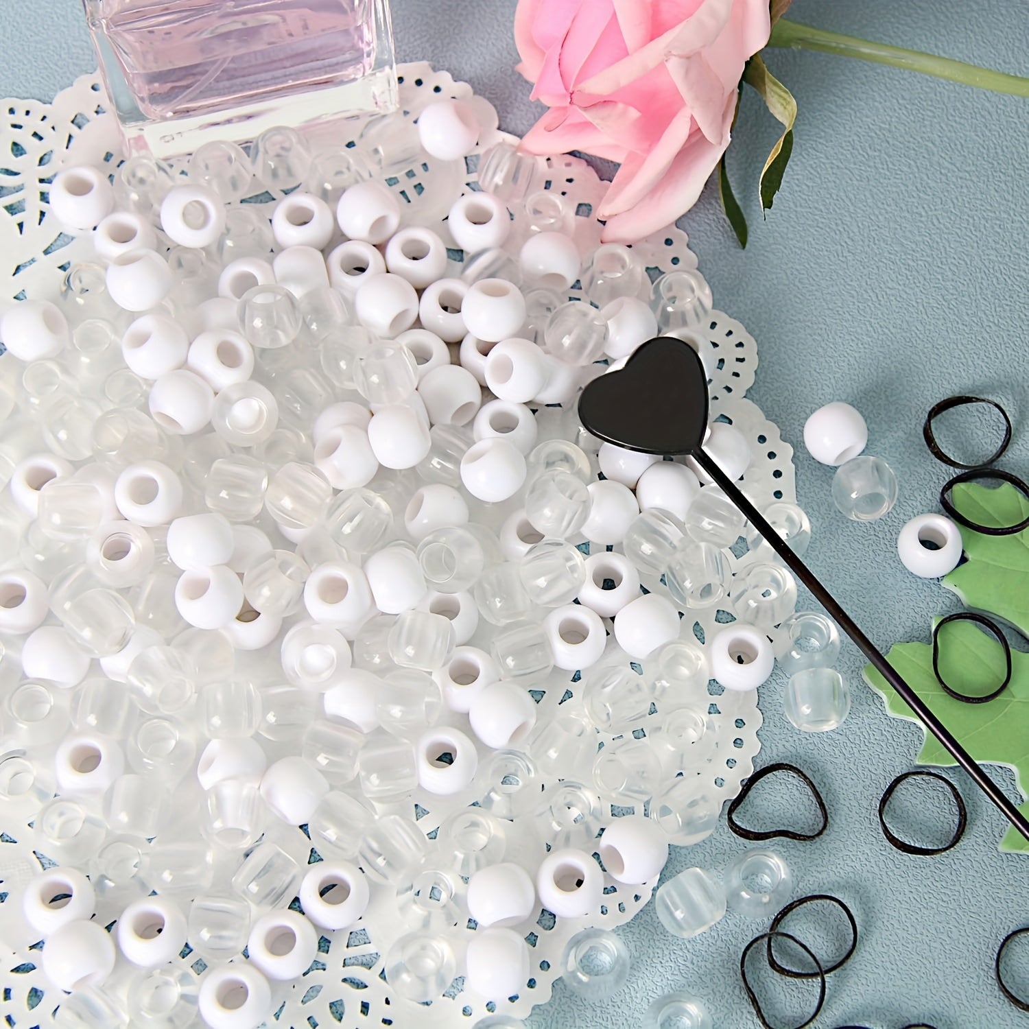 100Pcs Ponytail Beads, 5Pcs Quick Beader for Hair Braids, 500 Mini Rubber Bands