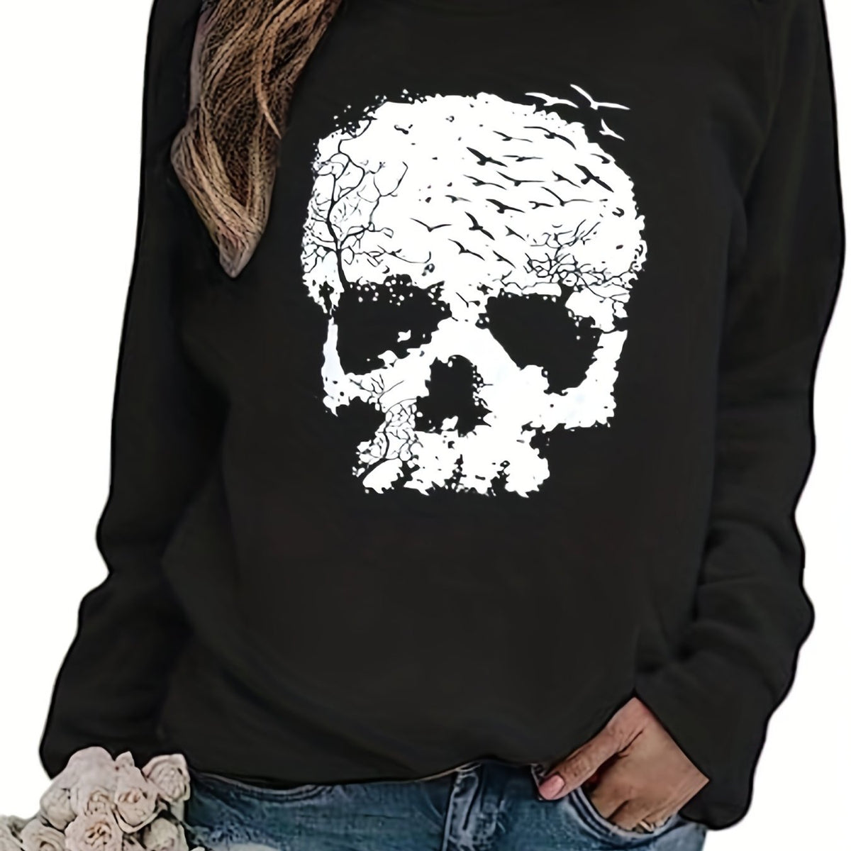 Halloween Skull Print Sweatshirt Long Sleeve Crew Neck Fall Winter Women's Cloth