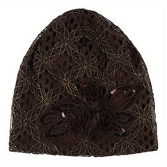 Flower Decor Lace Beanie Solid Turban Hat Lightweight Chemo Cap