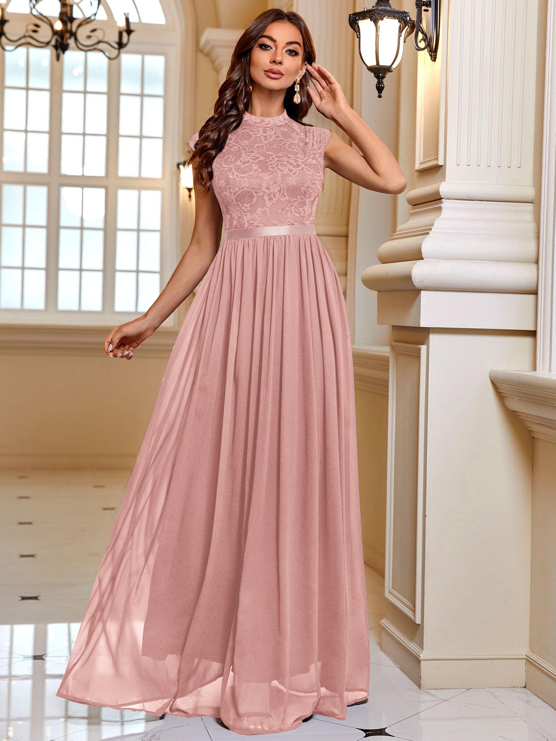 Cap Sleeve Lace Contrast Maxi Dress