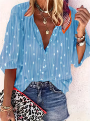  Boho Blouse Women's Plus Dot & Stripe Print Half Sleeve Button Up