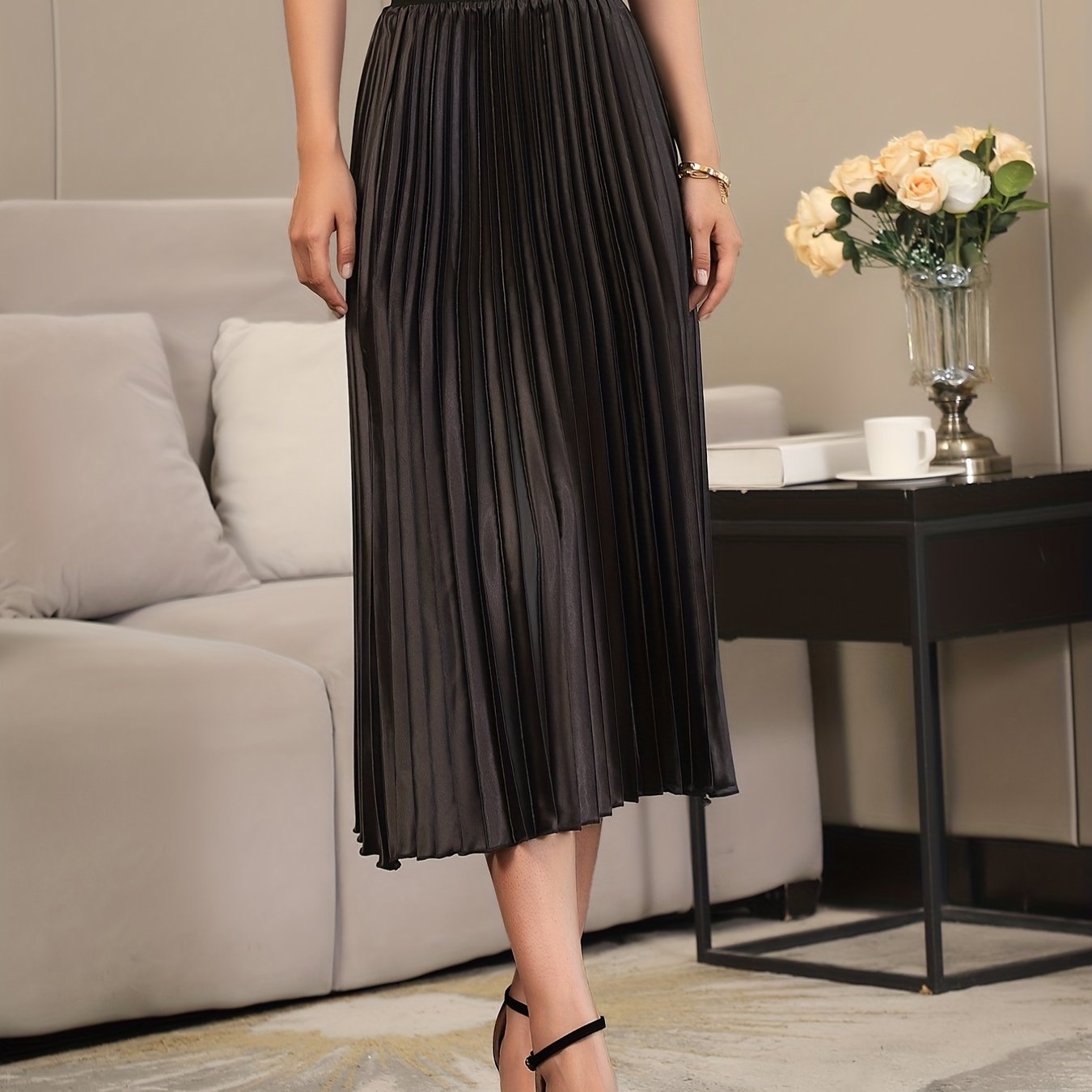Solid Pleated A-Line Skirt with Slim Waist