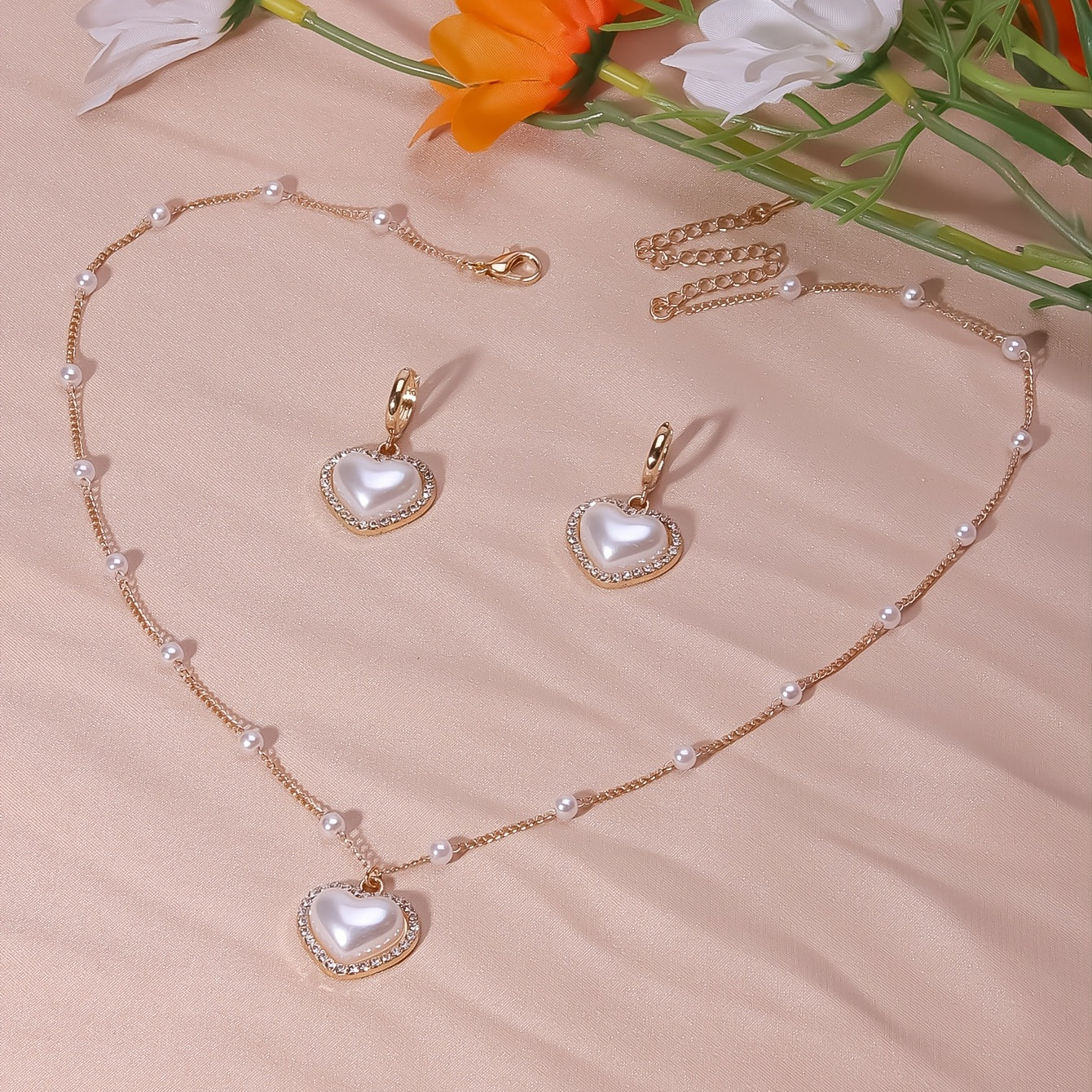 Heart Shape Faux Pearls Jewelry Set Necklace Earrings Rhinestones