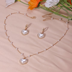 Heart Shape Faux Pearls Jewelry Set Necklace Earrings Rhinestones