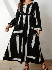  Brush Print Lantern Sleeve Maxi Dress With Belt