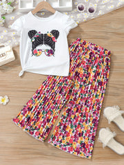 Girl Portrait Pattern T shirt & Polka Dot Pants Set For Holiday