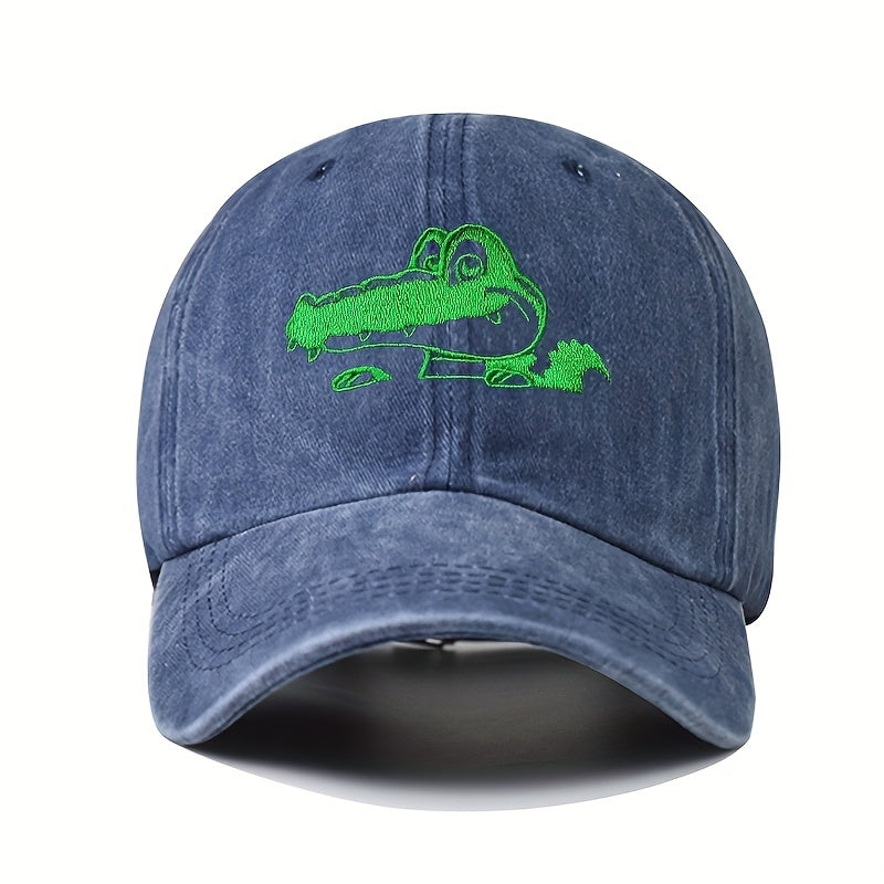 Crocodile Embroidery Baseball Cap Washed Distressed Dad Hat