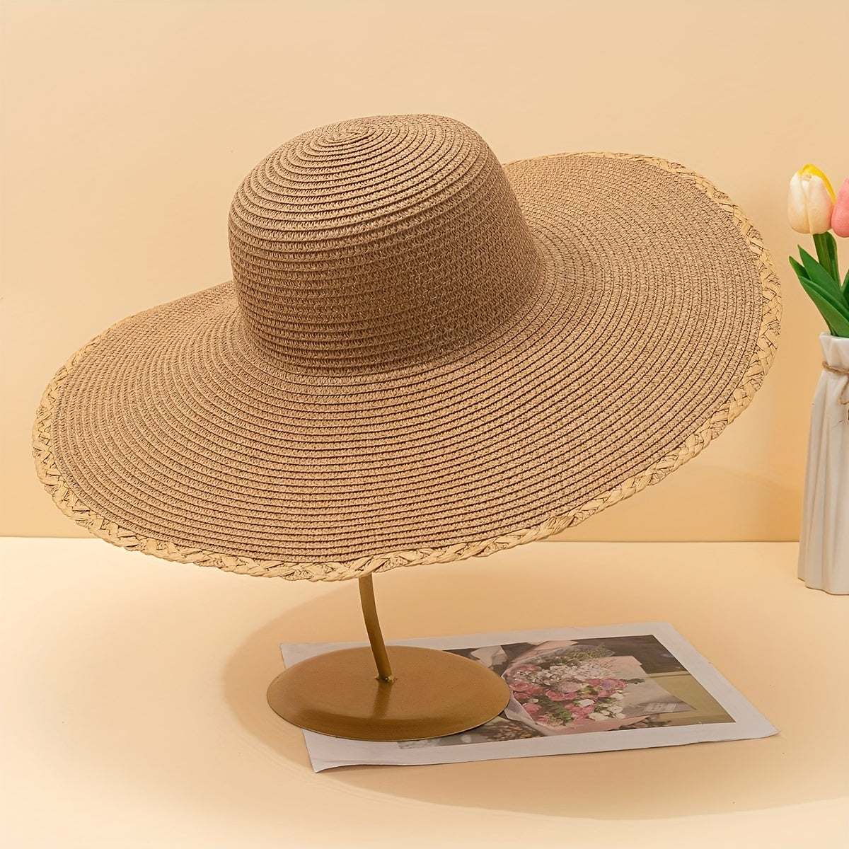 Khaki Wide Brim Sun Hat Straw Hat Floppy Sunscreen UV Protection
