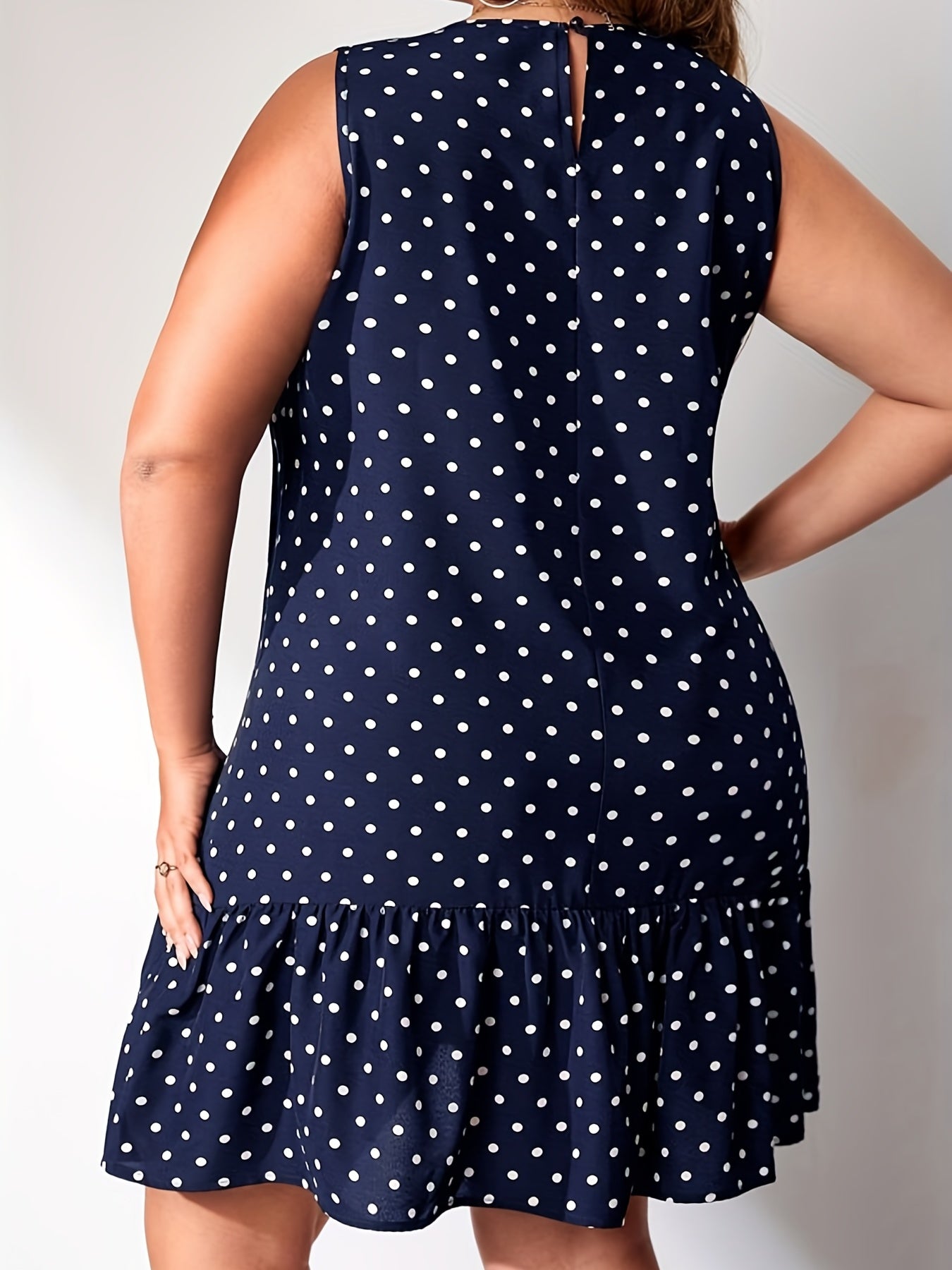  Polka Dot Print Tank Dress Ruffle Trim Stretch
