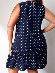  Polka Dot Print Tank Dress Ruffle Trim Stretch