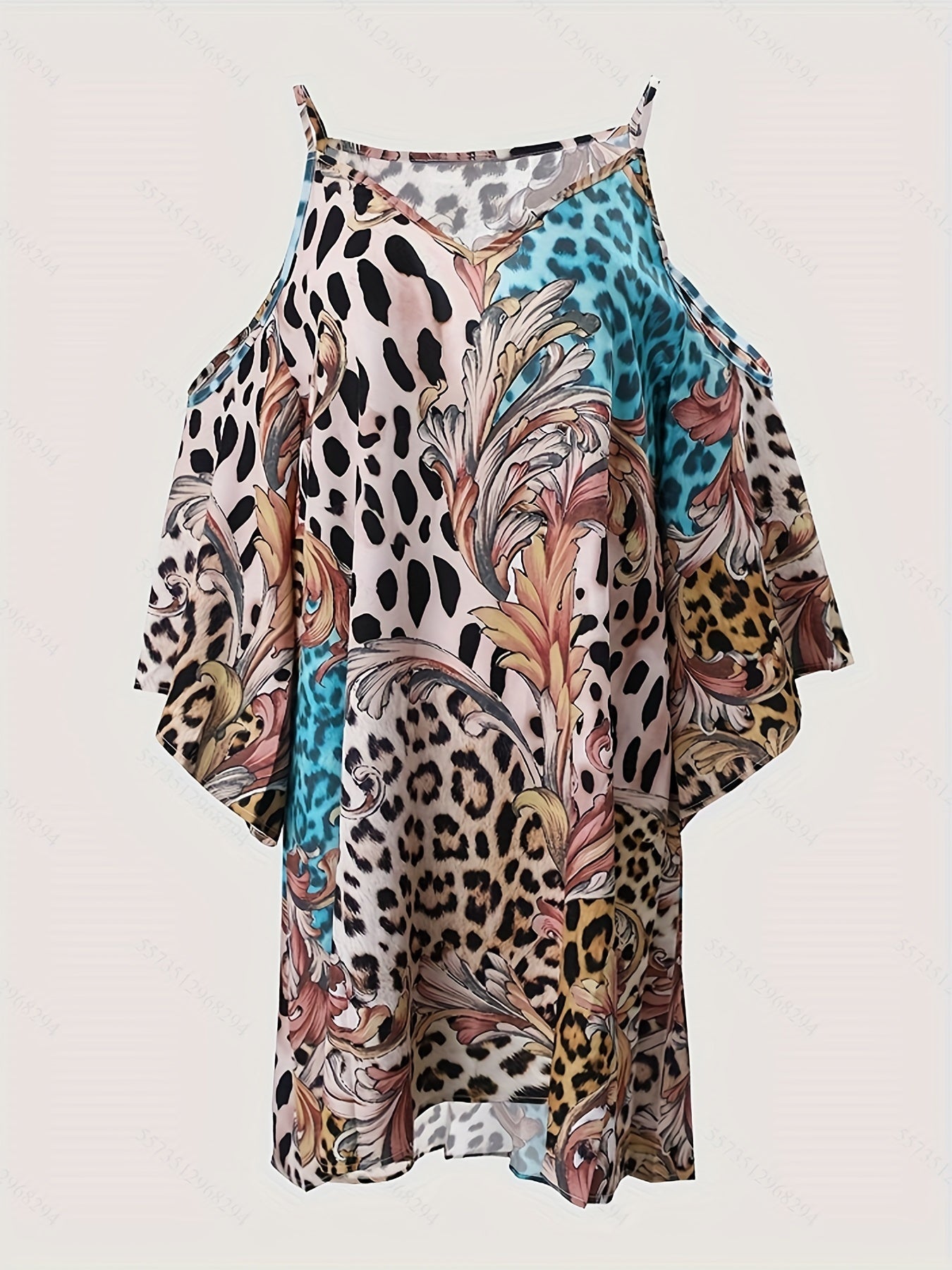  Colorblock Leopard & Baroque Print Cold Shoulder Dress