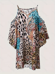  Colorblock Leopard & Baroque Print Cold Shoulder Dress