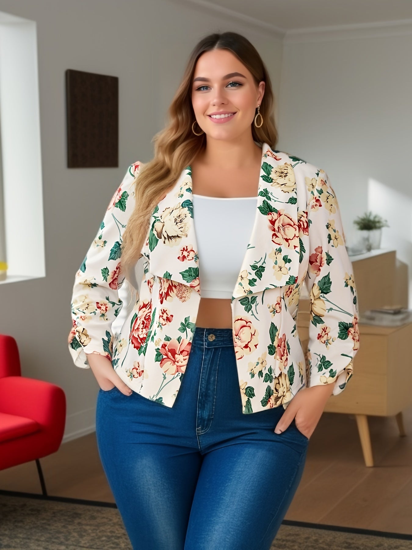  Floral Print Long Sleeve Casual Blazer
