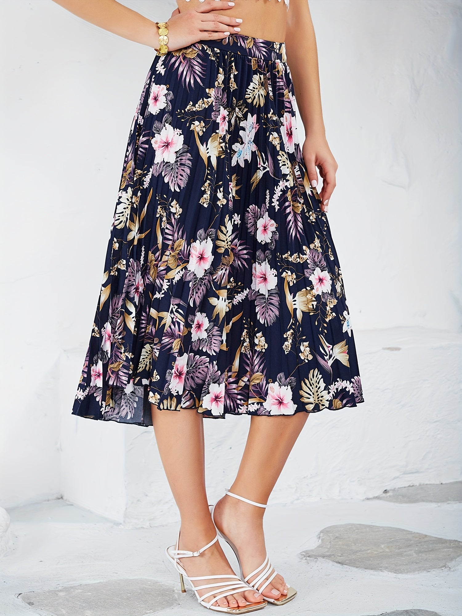 Vintage Flower Print Skirts Pleated A Line Summer Skirts Women's Clothing