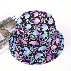 Purple Skull Print Bucket Hat Halloween Fisherman Cap