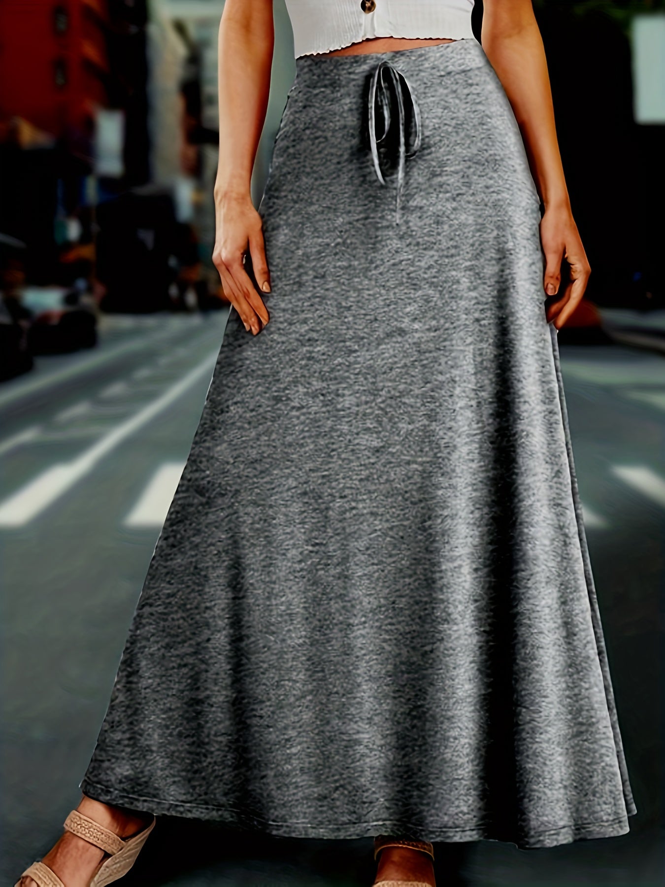  Solid Drawstring High Rise Maxi Skirt