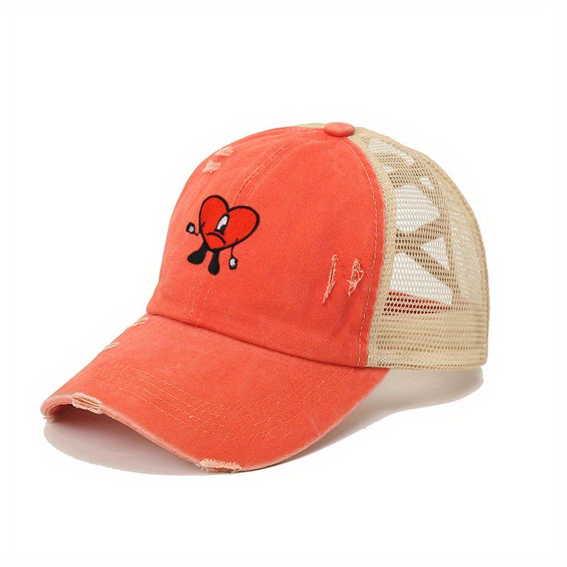 Heart Ripped Ponytail Baseball Cap Candy Washed Distressed Mesh Trucker Hat