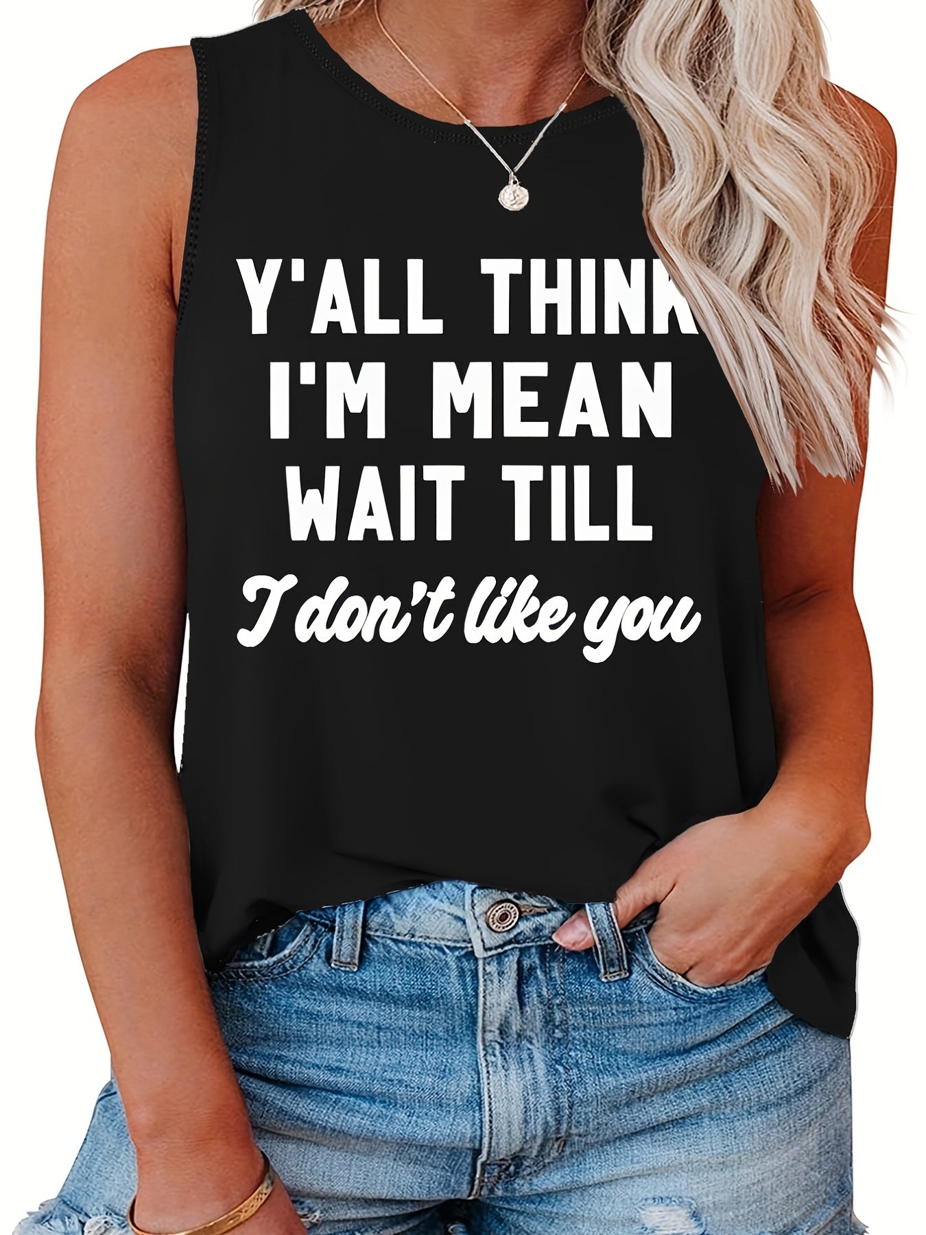 Plus Size Slogan Print Tank Top Round Neck Stretchy Casual Sleeveless Tee
