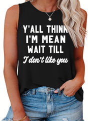 Plus Size Slogan Print Tank Top Round Neck Stretchy Casual Sleeveless Tee