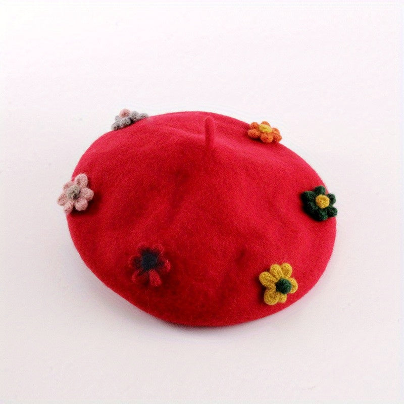 Women's Flower Decor Beret Solid Warm Painter Hats