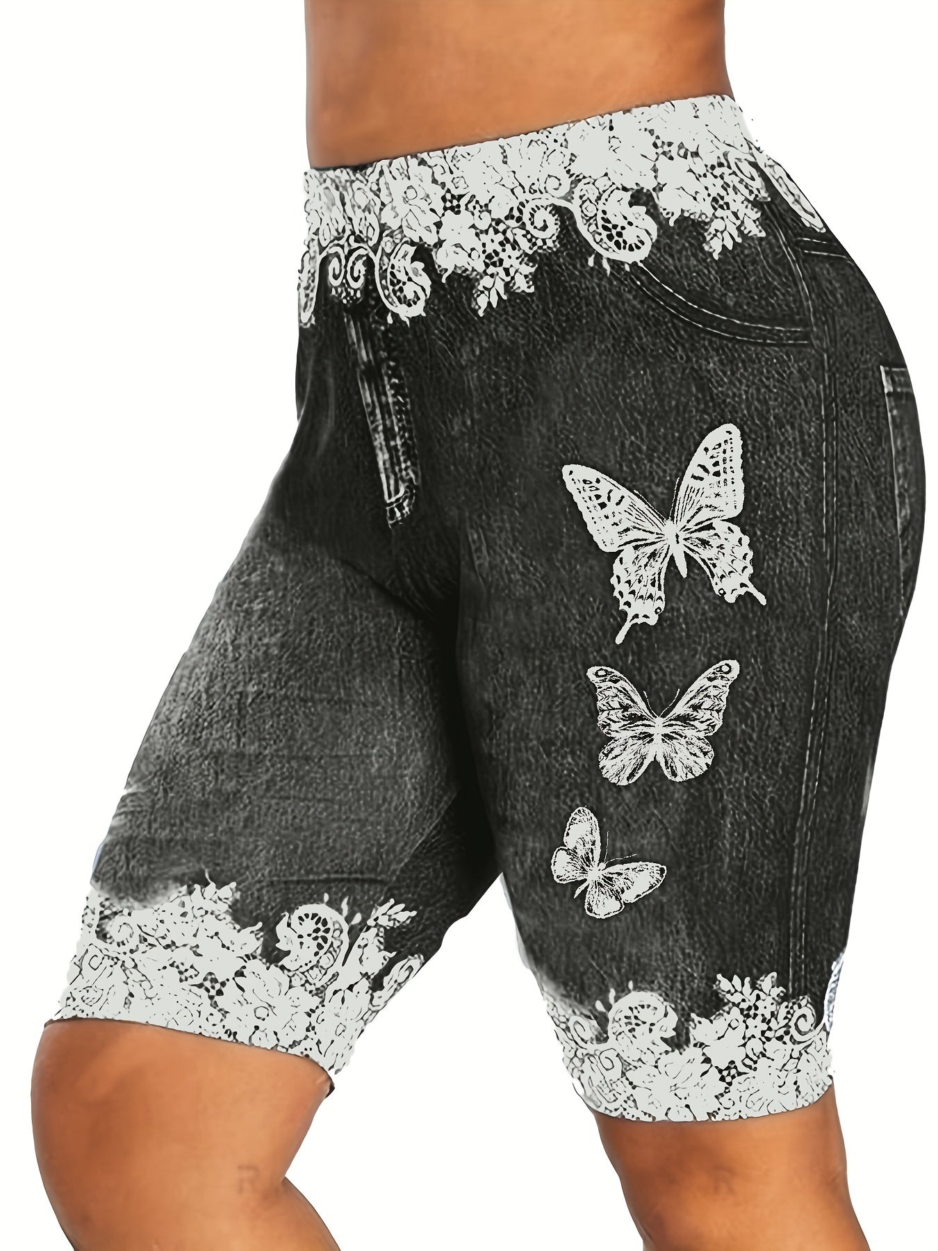  Denim & Butterfly Print Stretchy Skinny Shorts