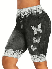  Denim & Butterfly Print Stretchy Skinny Shorts