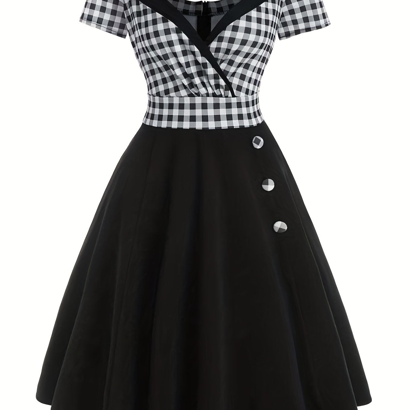  Colorblock Gingham Print A line Dress