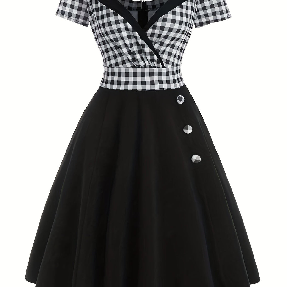 Colorblock Gingham Print A line Dress