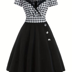  Colorblock Gingham Print A line Dress