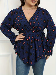 Leopard Print Flounce Sleeve V Neck Peplum Top