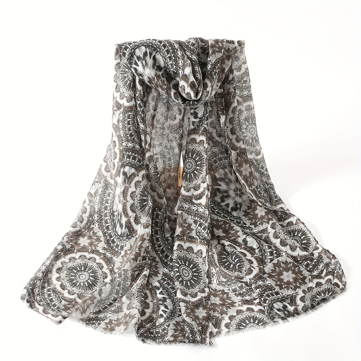 Boho Geometric Print Scarf Vintage Frayed Edge Shawl
