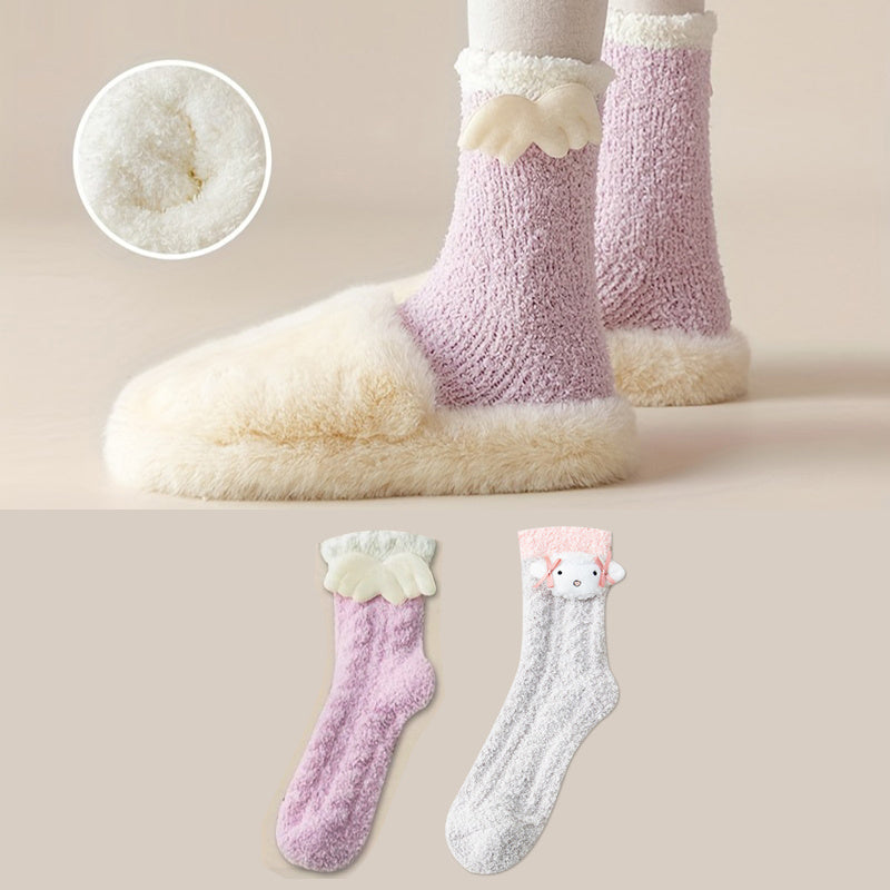 2 Pairs Cartoon Fuzzy Socks Cozy & Warm Floor Socks Women's Stockings