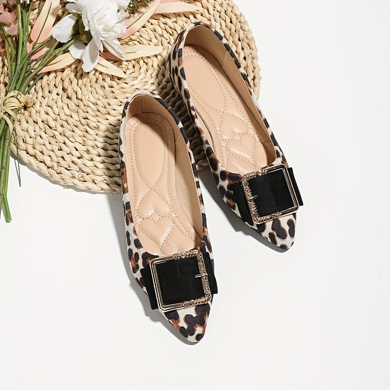 Leopard Print Flat Shoes Point Toe Dress Shoes Lightweight Square Buckle Decor