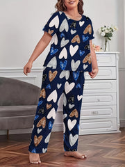  Heart Print Pajama Set - Short Sleeve T-shirt & Pants