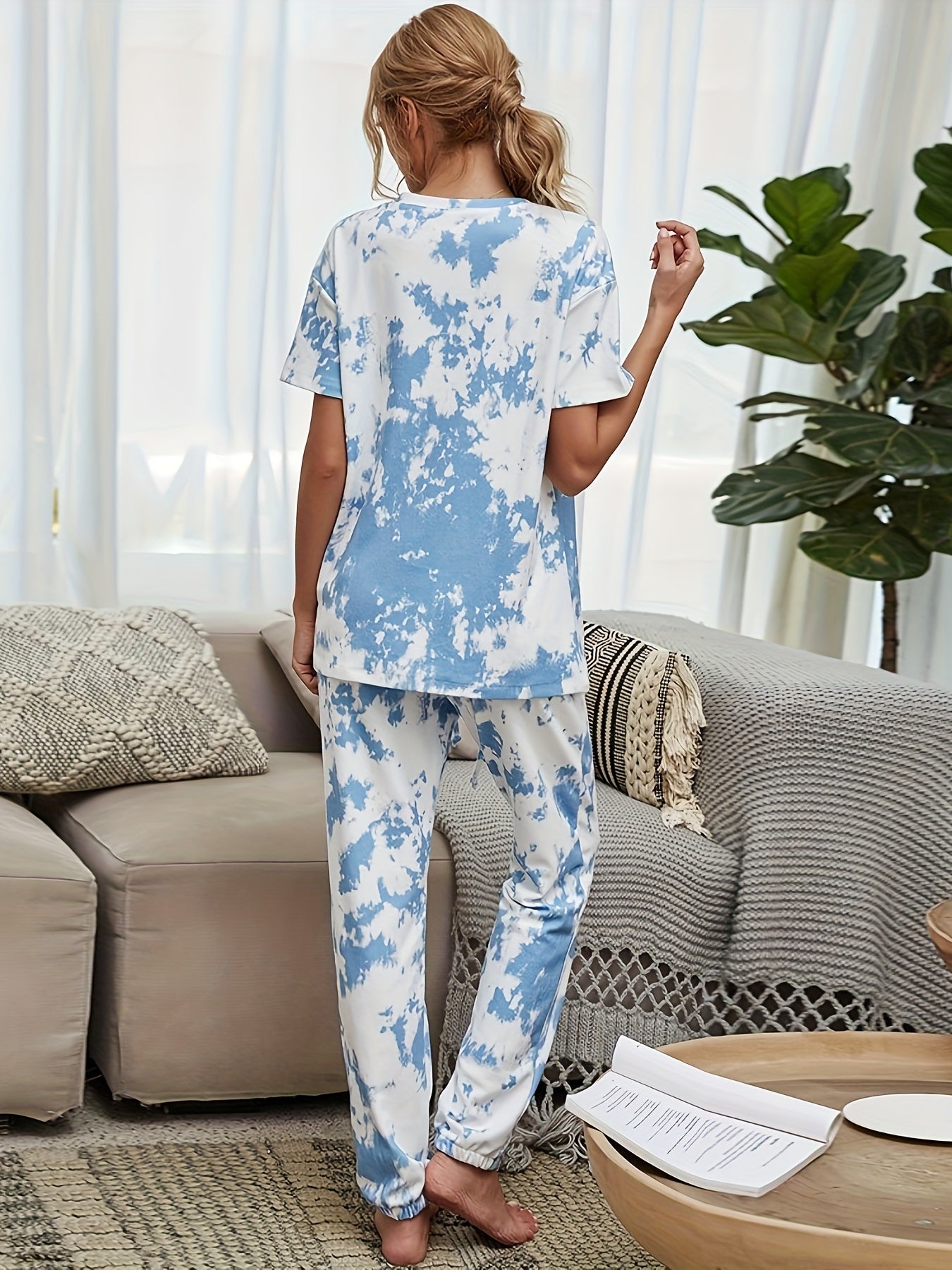Tie Dye Print Lounge Set Short Sleeve Top & Pants