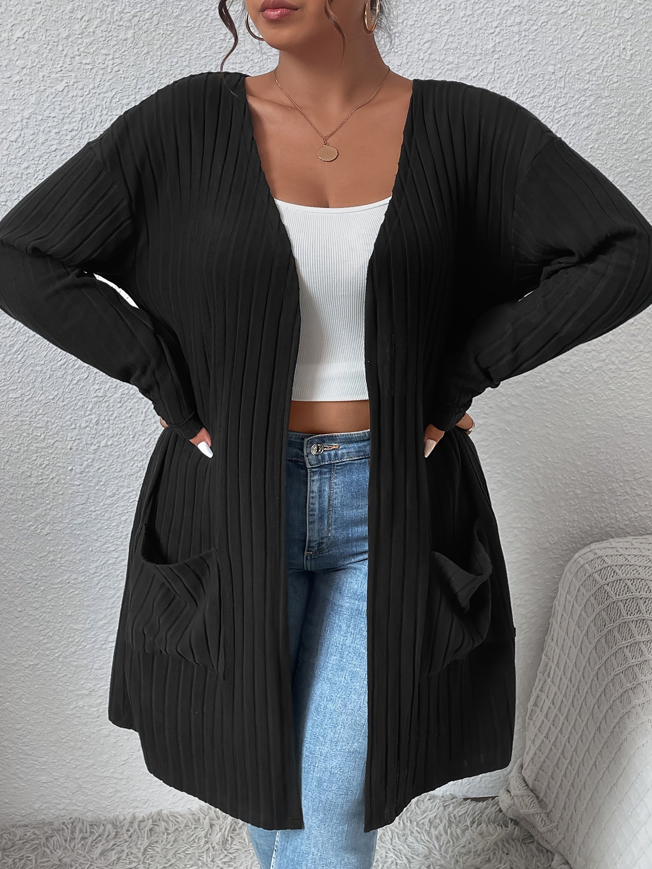  Solid Ribbed Open Front Cardigan With Pockets