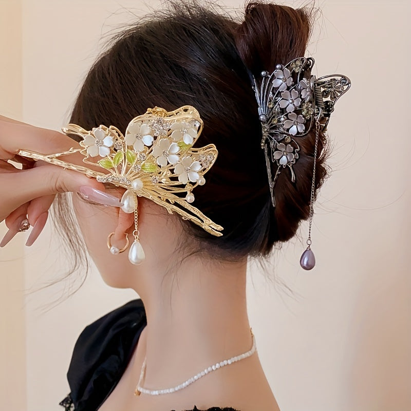 Butterfly Hair Claw Rhinestone Flower Hair Clip with Tassel