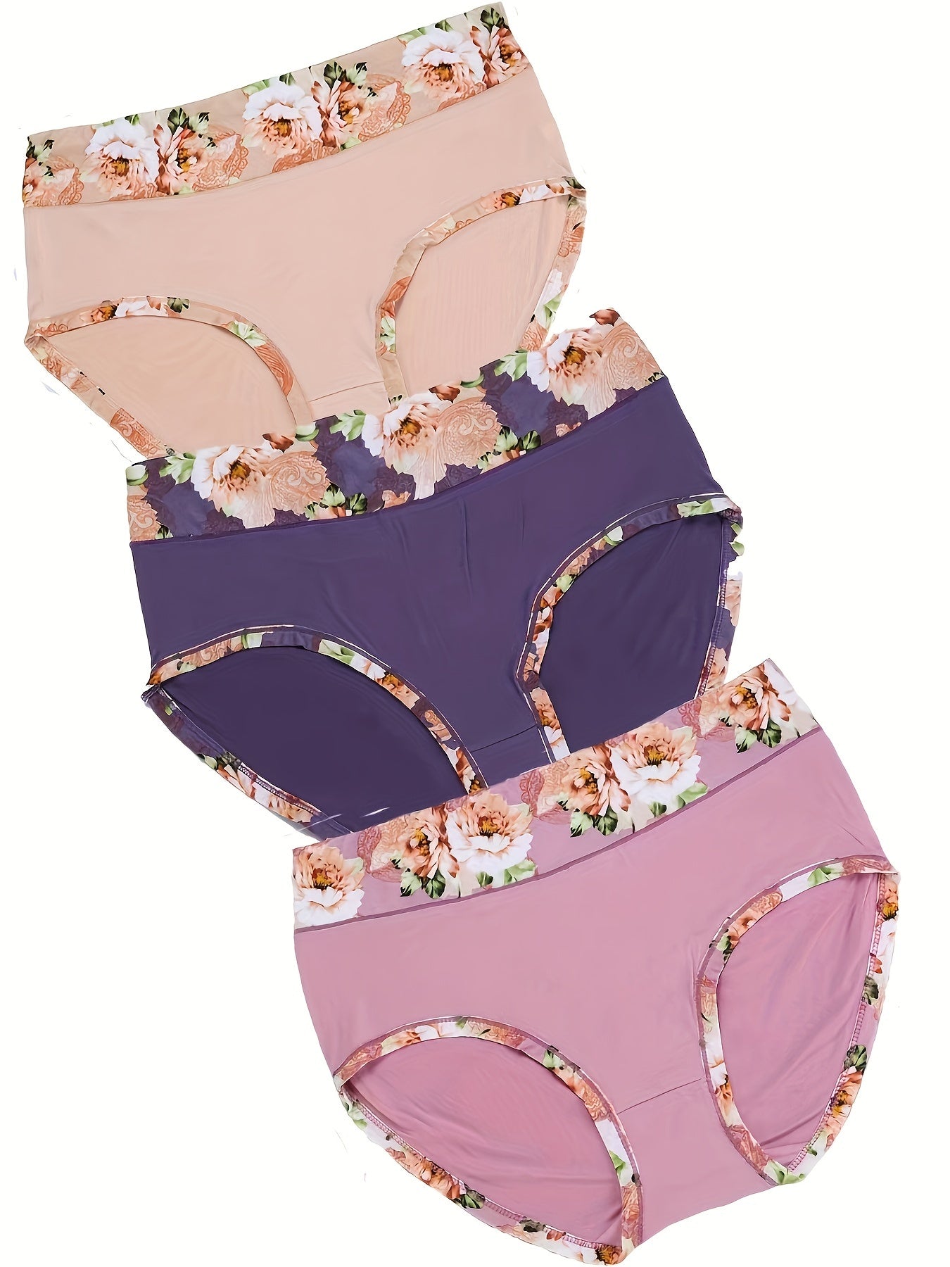 3 Pack Plus Size Floral Print High Waisted Briefs Set