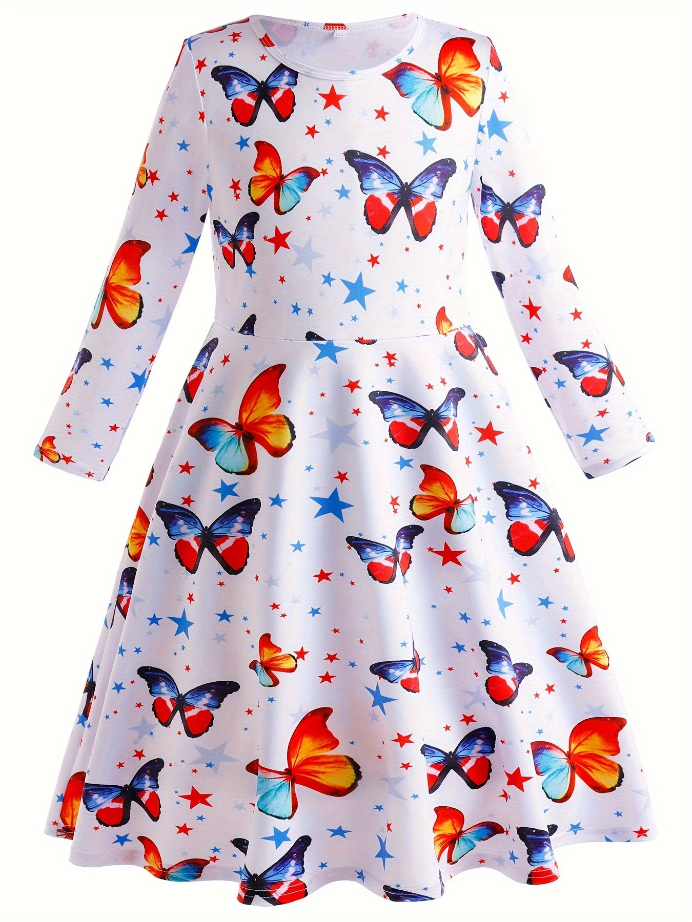 Butterfly Graphic Crew Neck Long Sleeve Dress Girls