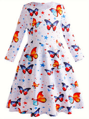 Butterfly Graphic Crew Neck Long Sleeve Dress Girls