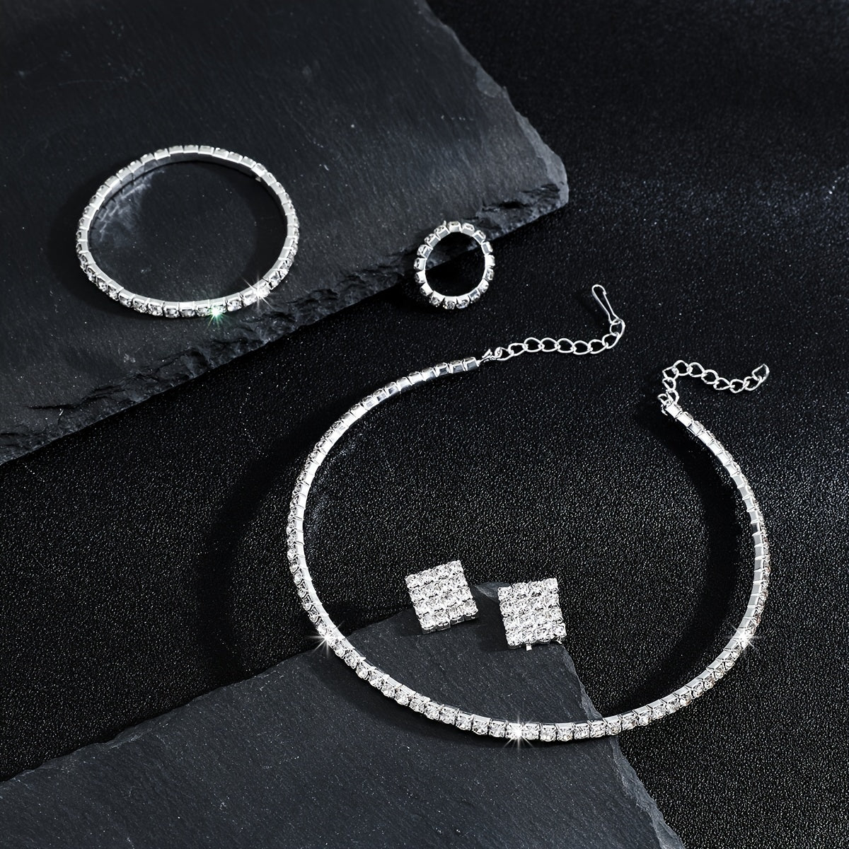 Rhinestone Crystal Jewelry Set: Choker Necklace, Earrings, Bracelet & Ring