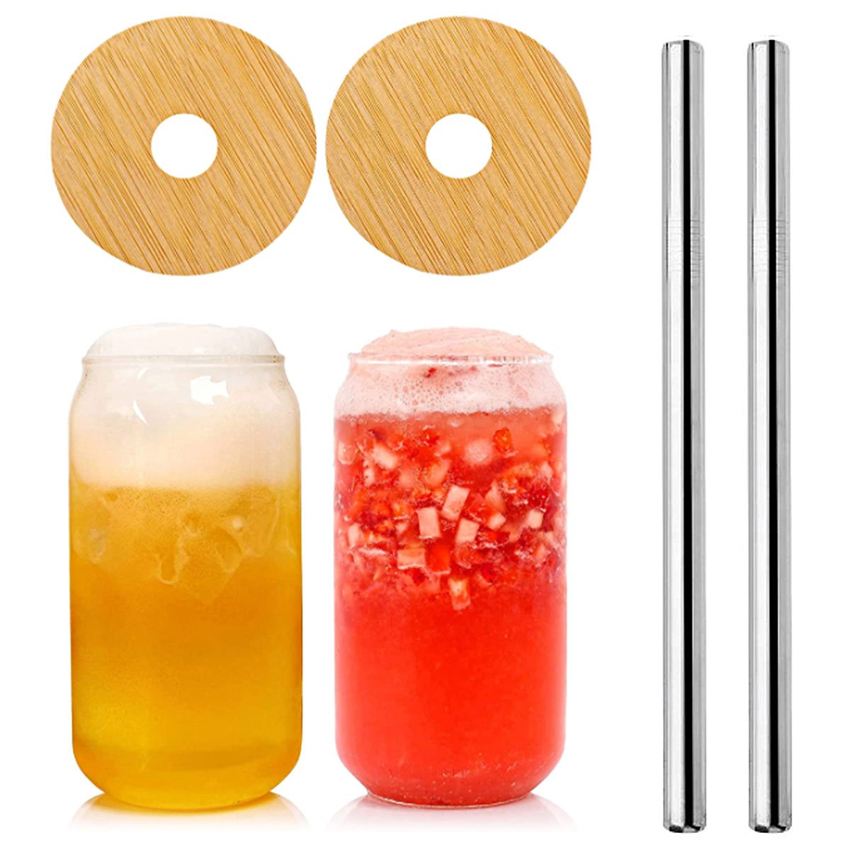 2pcs Can Glass Cups Bamboo Lids 500ml Thick Drinking Glasses Set