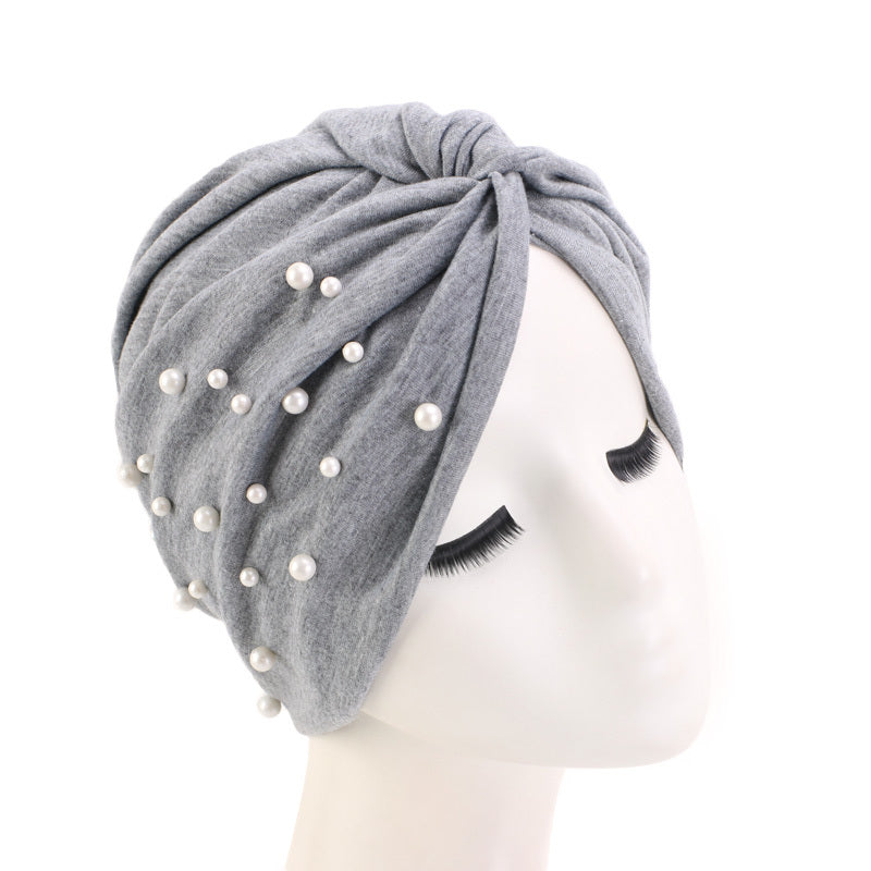 Faux Pearl Decor Turban Cap Solid Pleated Head Wrap