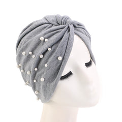 Faux Pearl Decor Turban Cap Solid Pleated Head Wrap