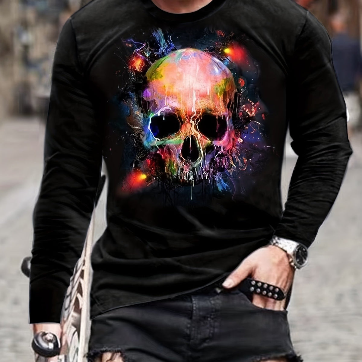 Colorful Skull 3D Print Men's Graphic Round Neck T-shirt Loose Pullover