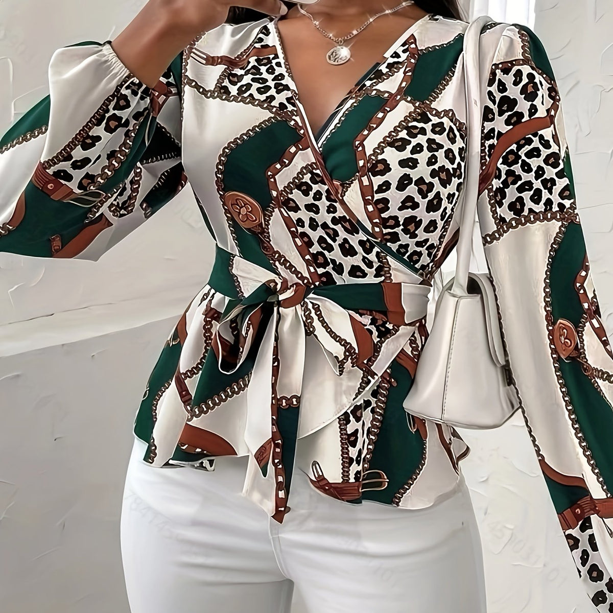  Women's Colorblock Leopard Print Long Sleeve Blouse