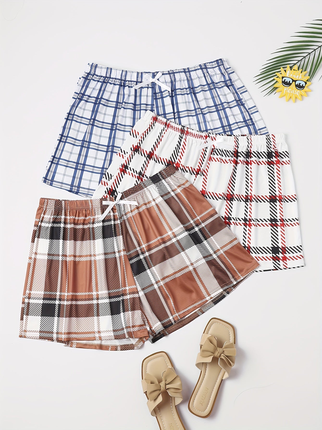  Plaid Print Bow Front Lounge Shorts 3pcs Set